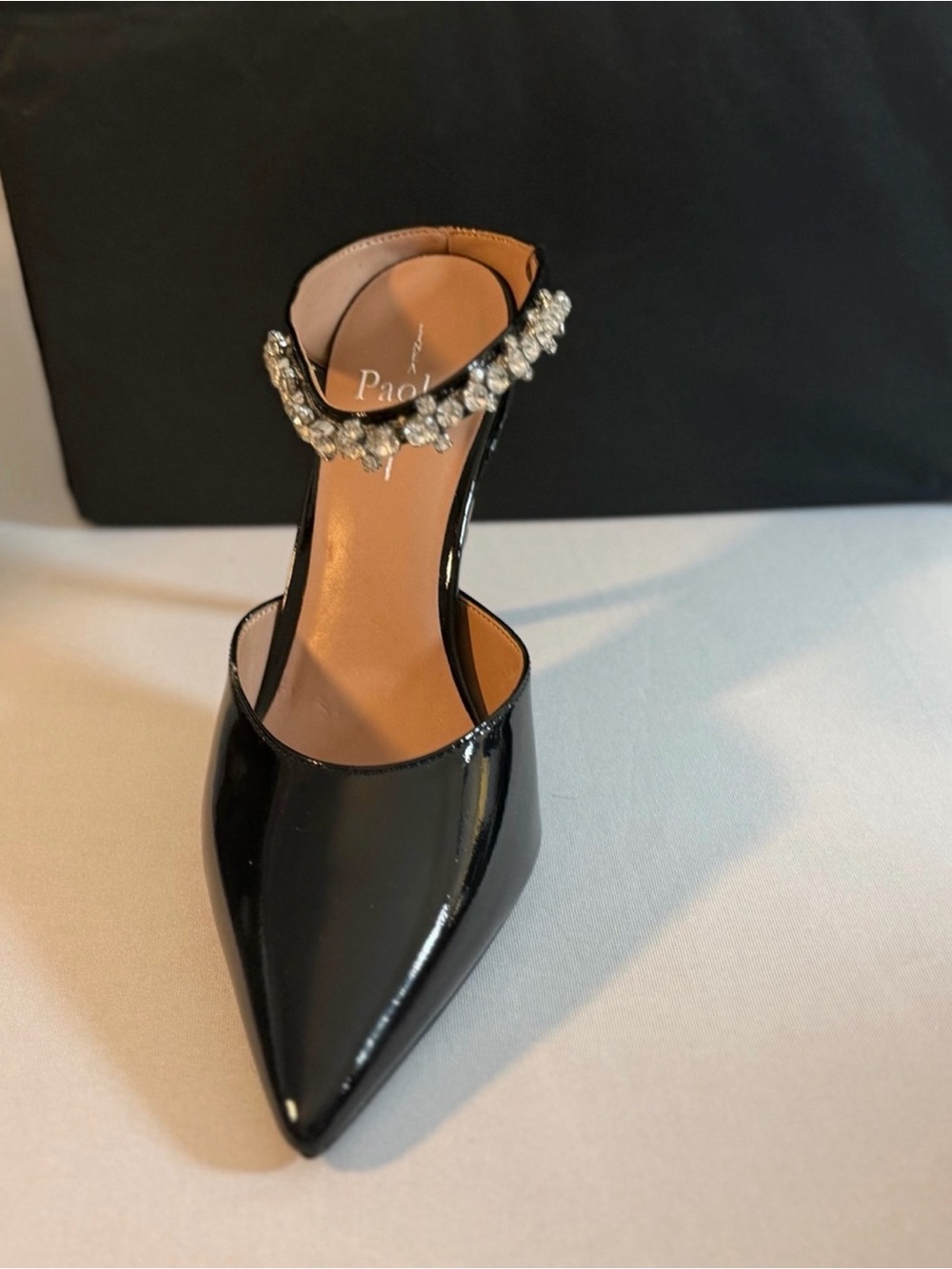 Poalo Black Patent Pointed-Toe Crystal-Trim Heels
